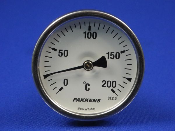 Зображення Термометр біметалевий PAKKENS D-63 мм, шток 100 мм, темп. 0-200°C, з'єднання 1/2 00000015049, зовнішній вигляд та деталі продукту