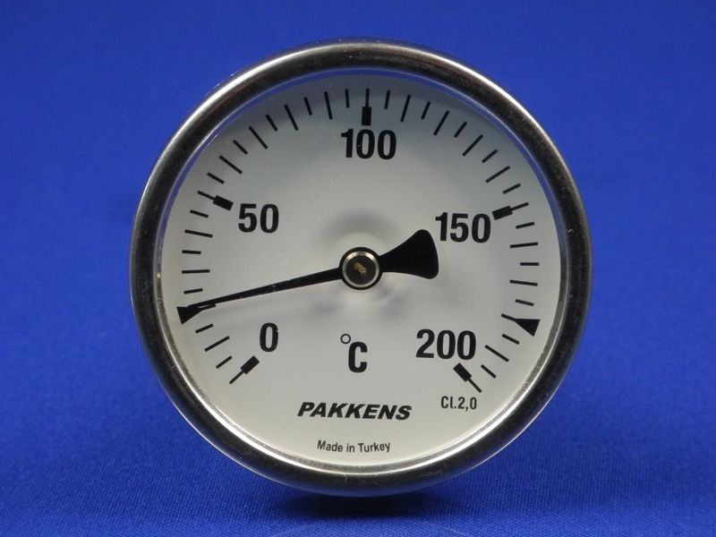 Зображення Термометр біметалевий PAKKENS D-63 мм, шток 100 мм, темп. 0-200°C, з'єднання 1/2 00000015049, зовнішній вигляд та деталі продукту