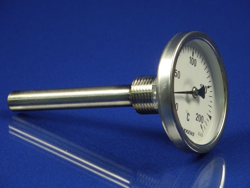 Изображение Термометр биметалический PAKKENS D-63 мм, шток 100 мм, темп. 0-200°C, соед. 1/2 00000015049, внешний вид и детали продукта