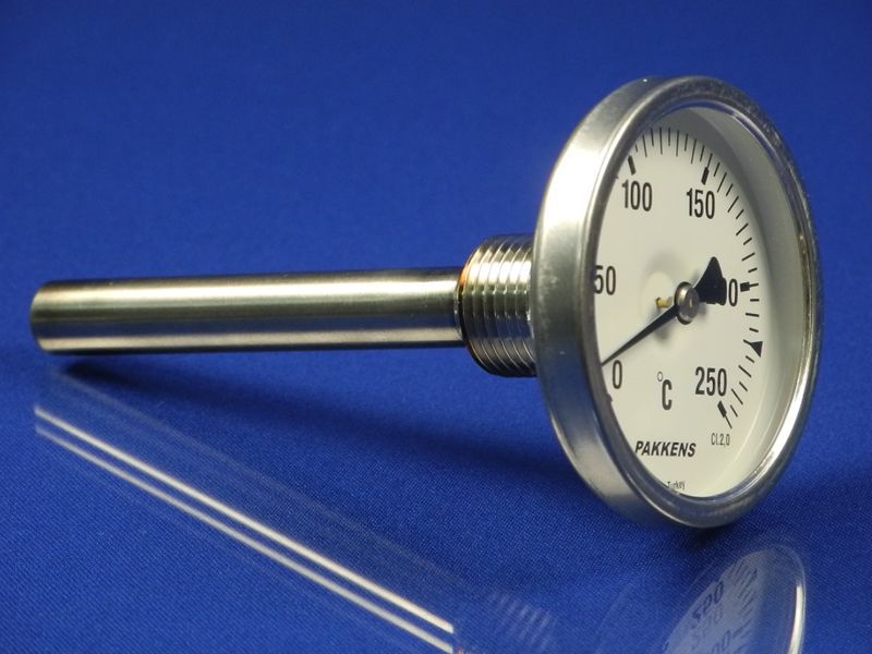 Изображение Термометр биметалический PAKKENS D-63 мм, шток 100 мм, темп. 0-250°C, соед. 1/2 00000015050, внешний вид и детали продукта