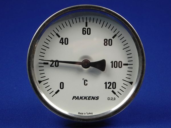 Зображення Термометр біметалевий PAKKENS D-100 мм, шток 100 мм, темп. 0-120°C, з'єднання 1/2 100/402, зовнішній вигляд та деталі продукту