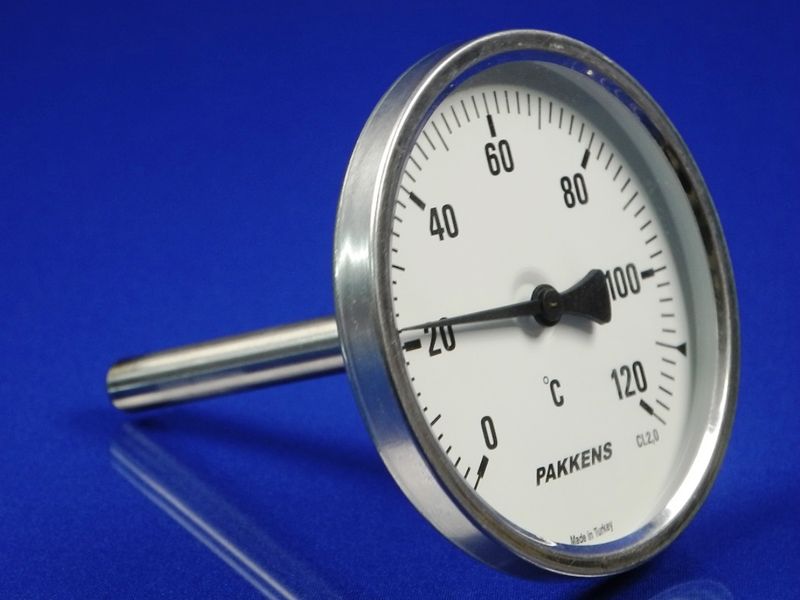 Изображение Термометр биметалический PAKKENS D-100 мм, шток 100 мм, темп. 0-120°C, соед. 1/2 100/402, внешний вид и детали продукта
