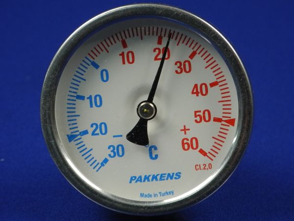 Зображення Термометр біметалевий PAKKENS D-63 мм, шток 50 мм, темп. -30 - +60°C, з'єднання 1/2 063/402, зовнішній вигляд та деталі продукту