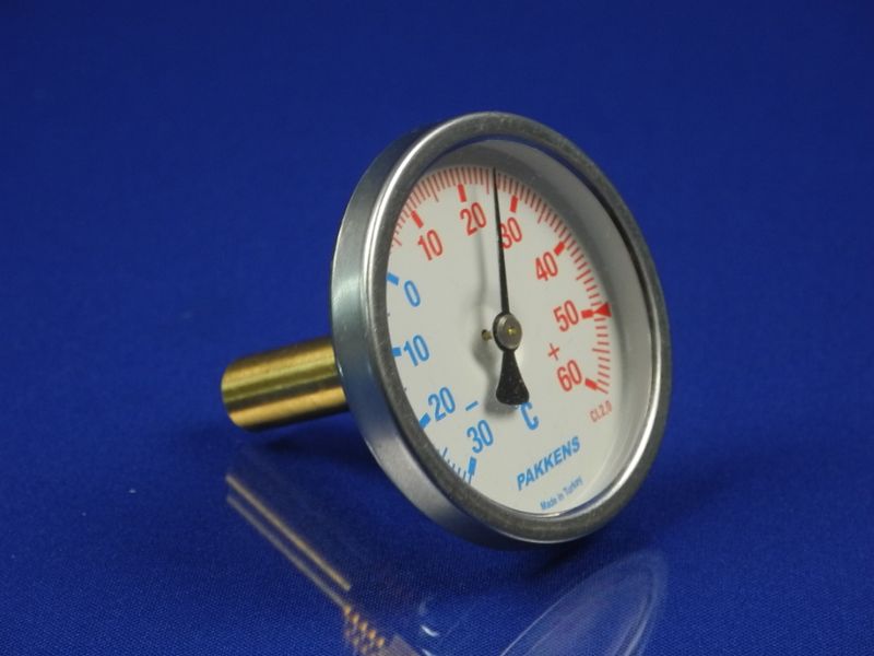 Зображення Термометр біметалевий PAKKENS D-63 мм, шток 50 мм, темп. -30 - +60°C, з'єднання 1/2 063/402, зовнішній вигляд та деталі продукту