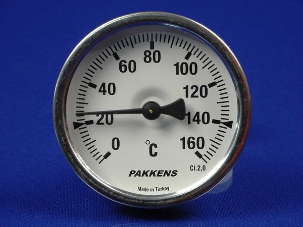 Зображення Термометр біметалевий PAKKENS D-63 мм, шток 50 мм, темп. 0-160°C, з'єднання 1/2 063/402-2, зовнішній вигляд та деталі продукту