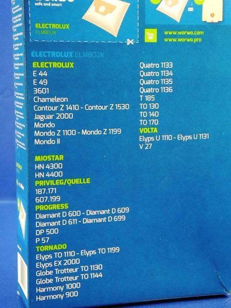 Зображення Набір одноразових мішків WORWO для пилососу Zanussi-Electrolux-AEG (ELMB02K) ELMB02K, зовнішній вигляд та деталі продукту
