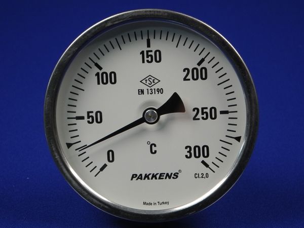 Зображення Термометр біметалевий PAKKENS D-100 мм, шток 100 мм, темп. 0-300°C, з'єднання 1/2 100/402-1, зовнішній вигляд та деталі продукту