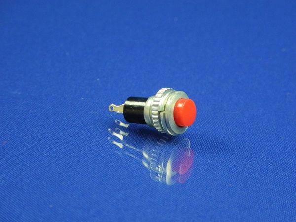 Зображення Металева, червона, кругла, мала кнопка, 2 контакти, 2 контакти P2-0131, зовнішній вигляд та деталі продукту
