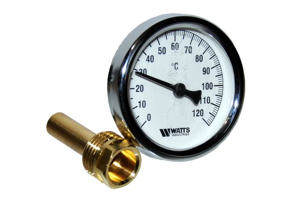 Зображення Термометр для котла Watts D=63 мм 0-120°C зі штуцером L=43 мм (0605) 06052503, зовнішній вигляд та деталі продукту