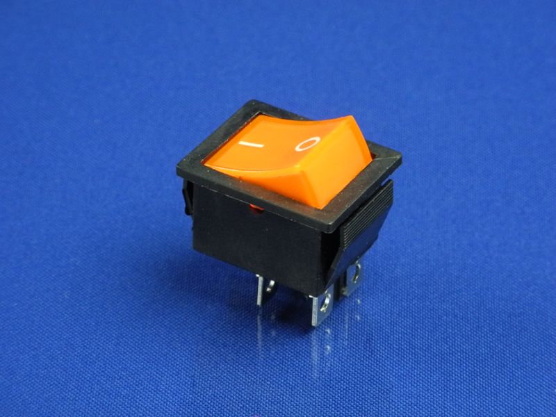 Изображение Кнопка оранжевая универсальная широкая KCD2 (250V, 15A, 4 контакта) P2-0100, внешний вид и детали продукта