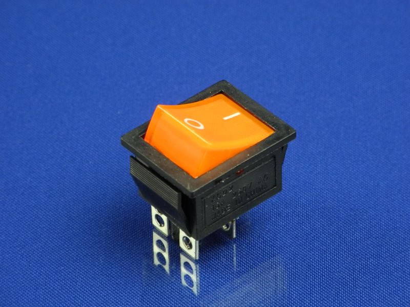 Зображення Кнопка помаранчева універсальна широка KCD2 (250V, 15A, 4 контакти) P2-0100, зовнішній вигляд та деталі продукту