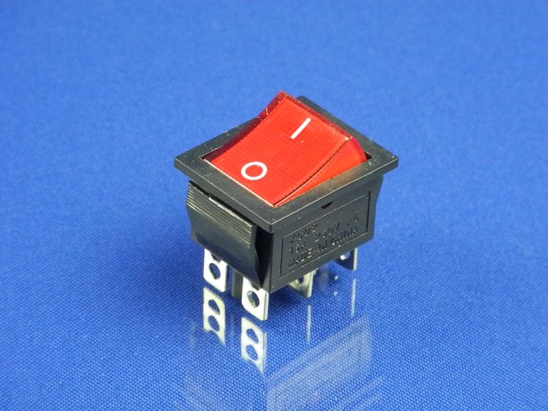 Зображення Кнопка чорно-червона, 2 положення, KCD2 (250V, 15A, 6 контактів) P2-0062, зовнішній вигляд та деталі продукту