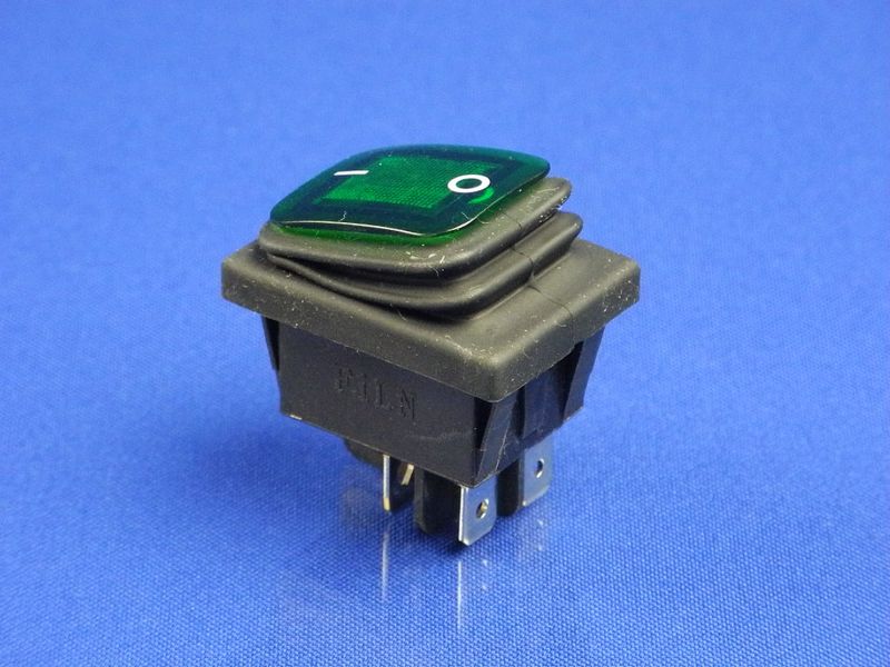 Изображение Переключатель-кнопка с защитой от влаги ON-OFF, зеленая, 4 контакта 250V, 16A P2-0134, внешний вид и детали продукта