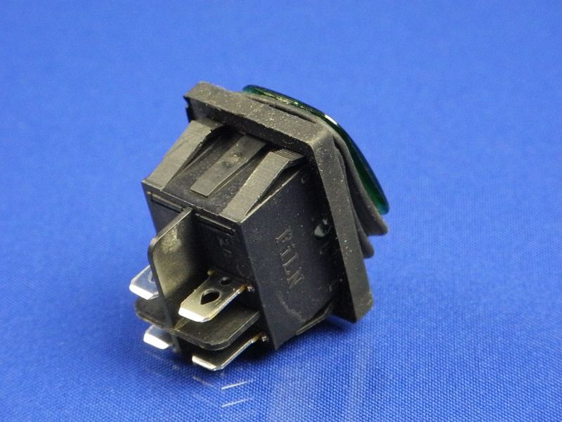 Изображение Переключатель-кнопка с защитой от влаги ON-OFF, зеленая, 4 контакта 250V, 16A P2-0134, внешний вид и детали продукта