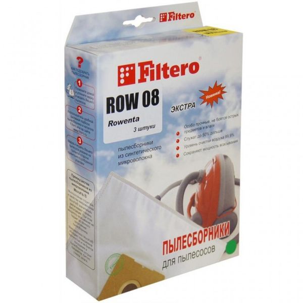 Зображення Набір синтетичних мішків для пилососа Rowenta Filtero ROW 08 Extra (3 мішки) ROW 08 Extra, зовнішній вигляд та деталі продукту