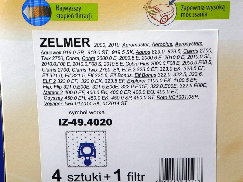 Зображення Набір одноразових мішків INVEST для пилососа Zelmer (IZ-49.4020) IZ-49.4020, зовнішній вигляд та деталі продукту